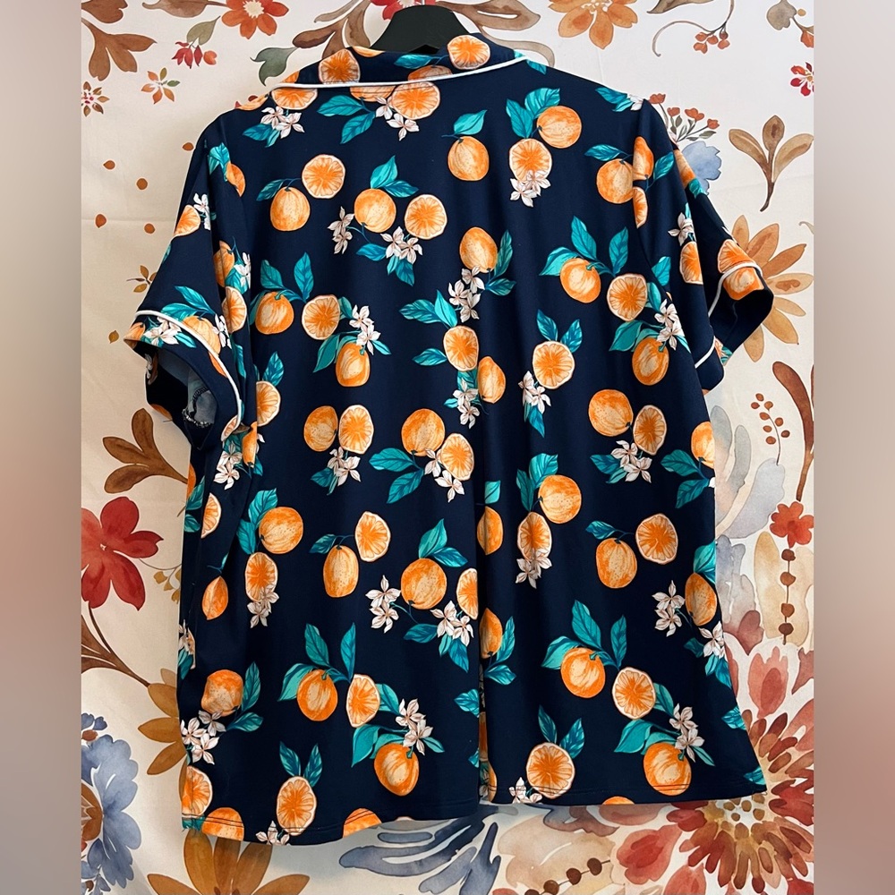 Super Soft XL Blue Orange Fruit Print Button Down PJ Lounge Sleep Shirt Spring - Picture 3 of 8